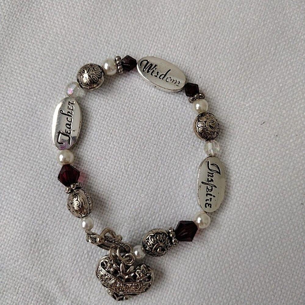 Silver Tone Teacher Wisdom Inspire Heart Charm Bracelet 8.3 In Womens Jewelry